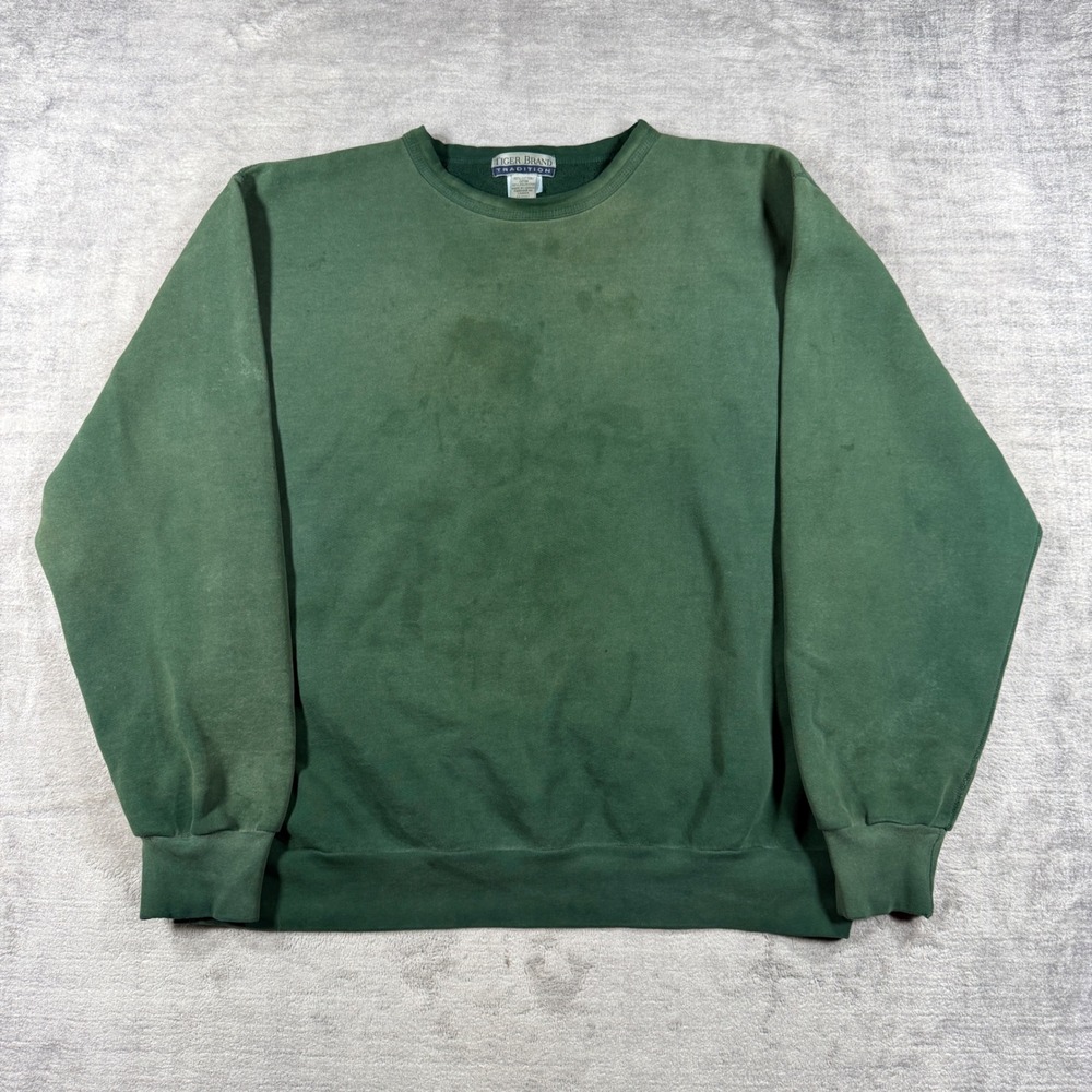 Tiger Brand Sweatshirt Mens 2XL Green Vintage 90s Crewneck Blank Distressed